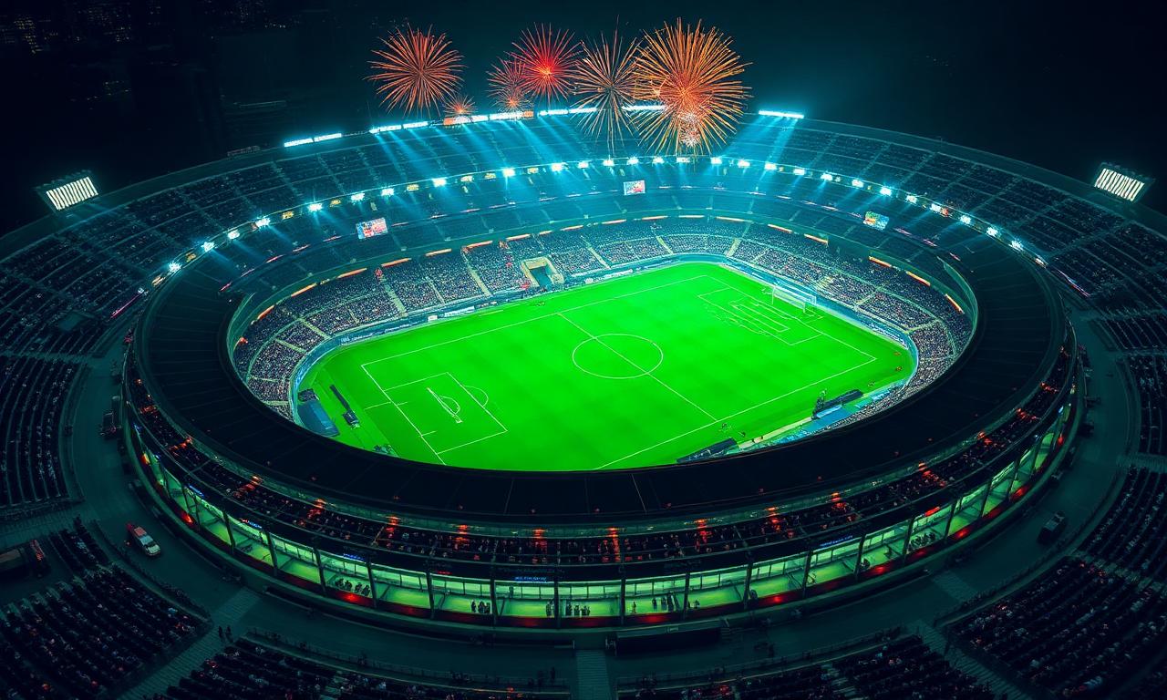 Estádio iluminado à noite com fogos